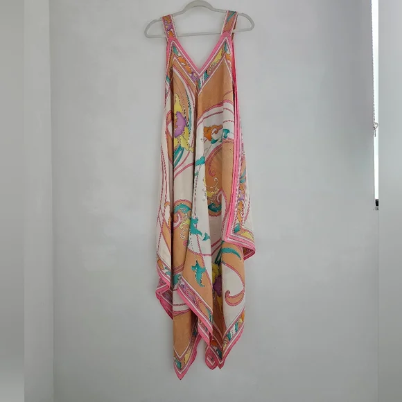 BRIJO Vintage Pastel Rolled Jacquard Silk Hankerchief V Tank Maxi Dress - Picture 4 of 16